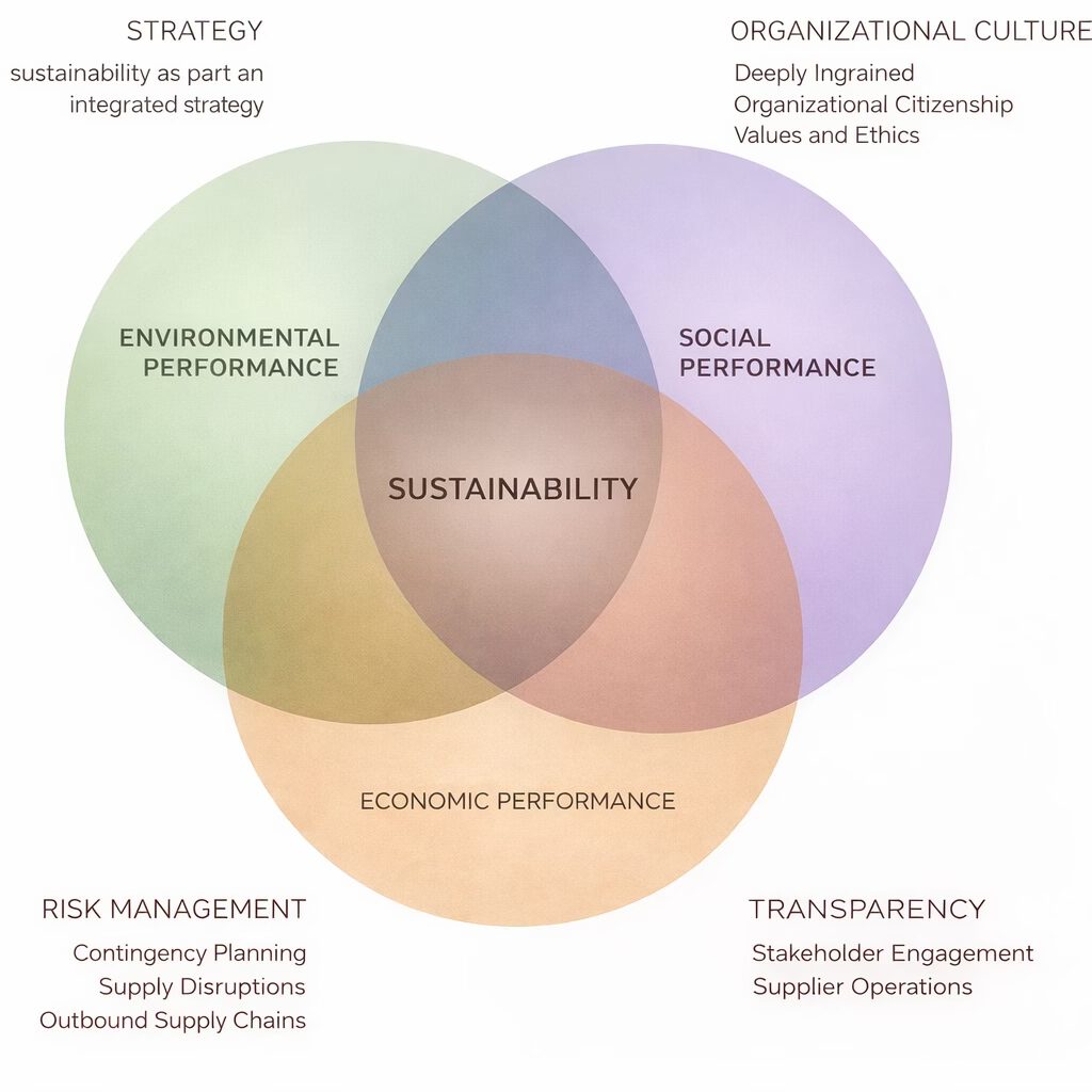 Diagram of environmental, social and economic performance converging on sustainability